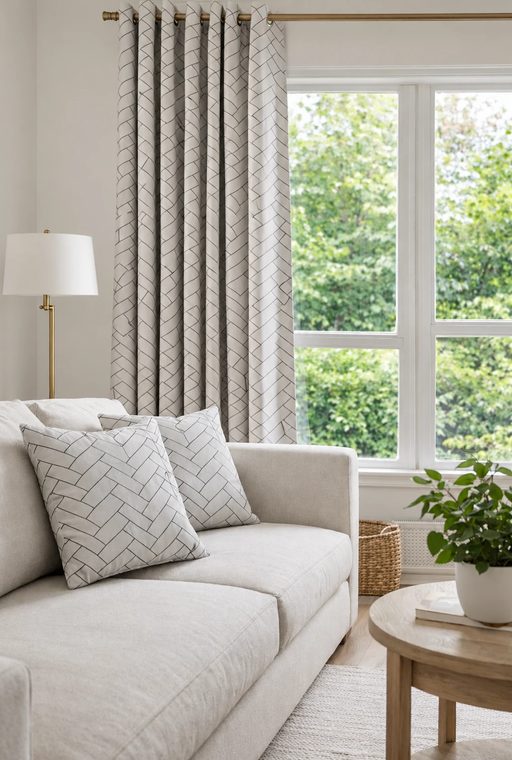 Light patterned curtains beside a sofa
