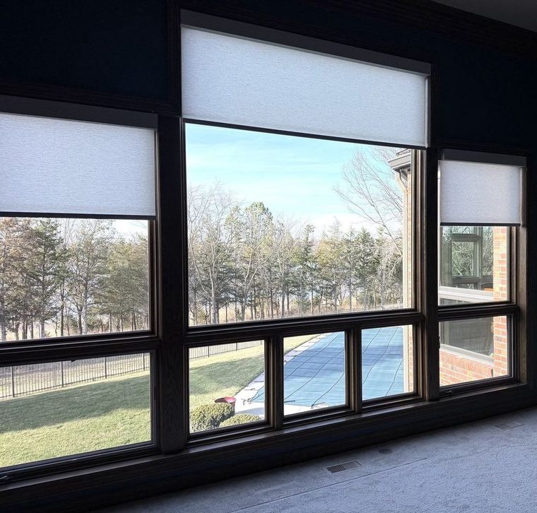 Roller shades across a wall of windows