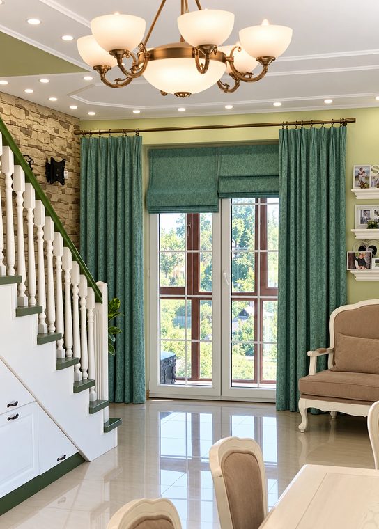Green Roman shade and matching curtains in an entry hall